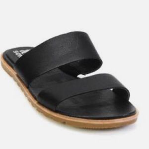 SOREL Women’s leather open toe double strap flat heel slide sandals-black